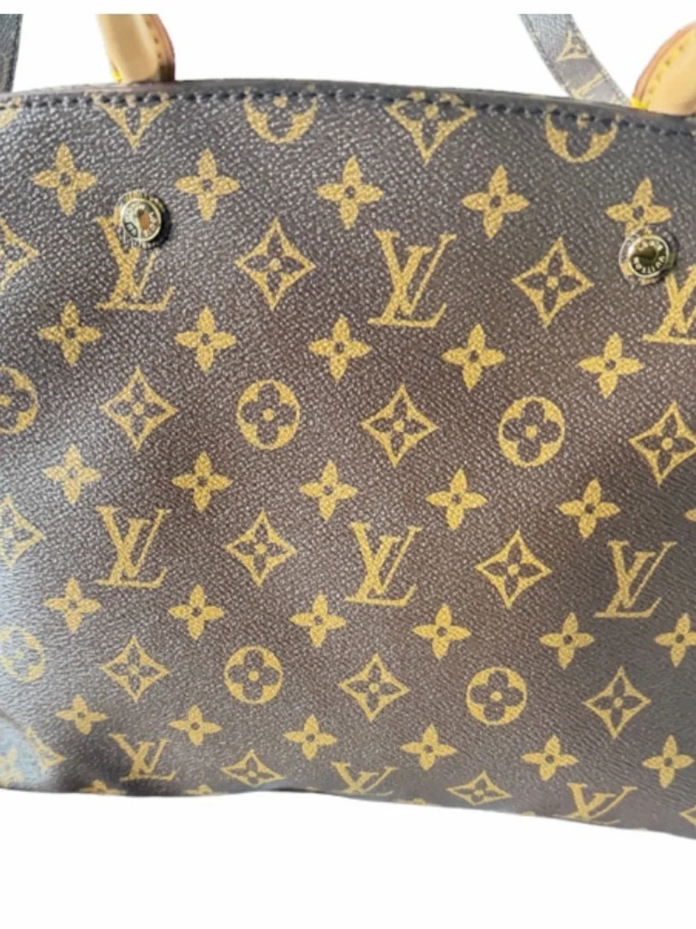 Louis Vuitton Monogram Canvas Satchel with Tan Handles and Red Trim